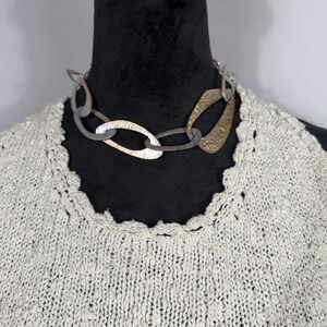 Vtg Chunky Abstract Statement Necklace Silver Gold Tone Hammered Links Brutalist